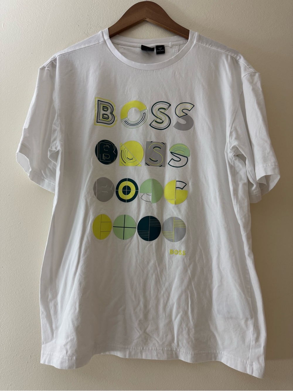Hugo Boss White Short-Sleeve Tee with Neon Yellow & Dark Green Graphic
